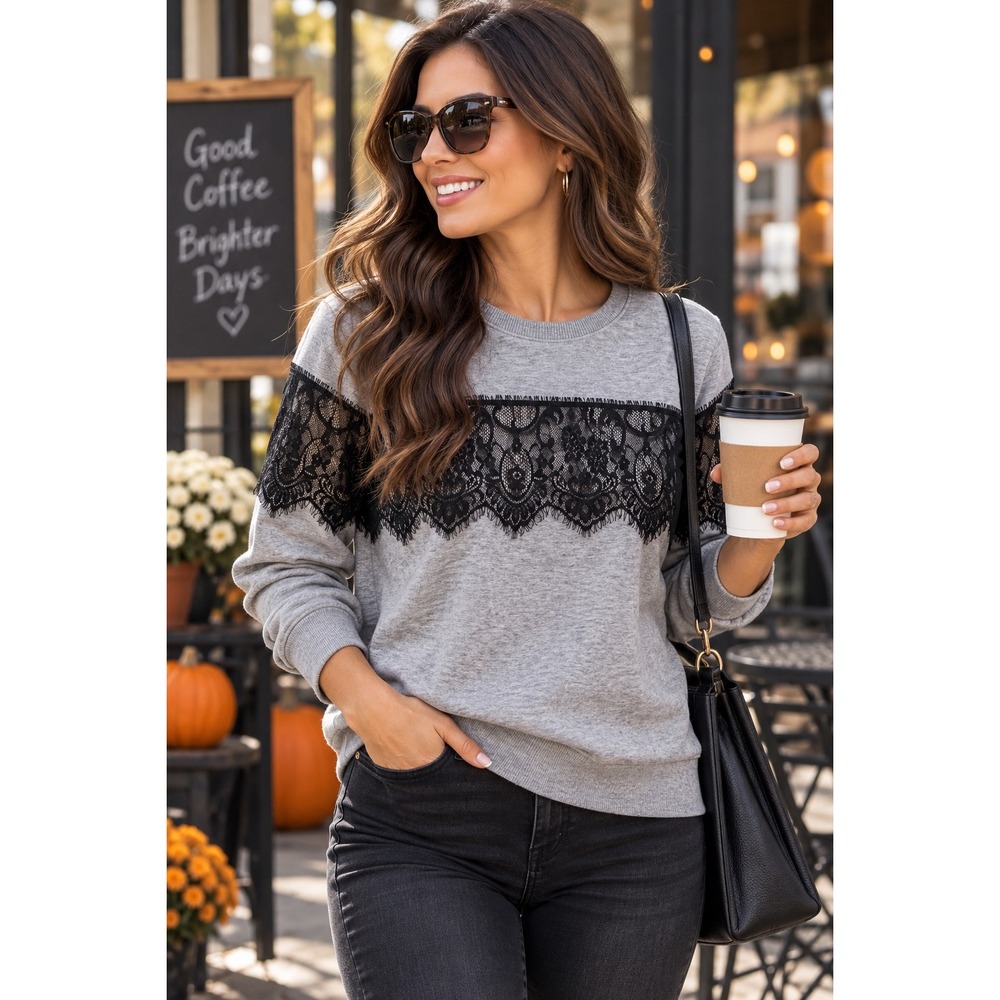 APT. 9 Gray Black Eyelash Lace Panel Sweatshirt Size L Romantic Goth Pullover